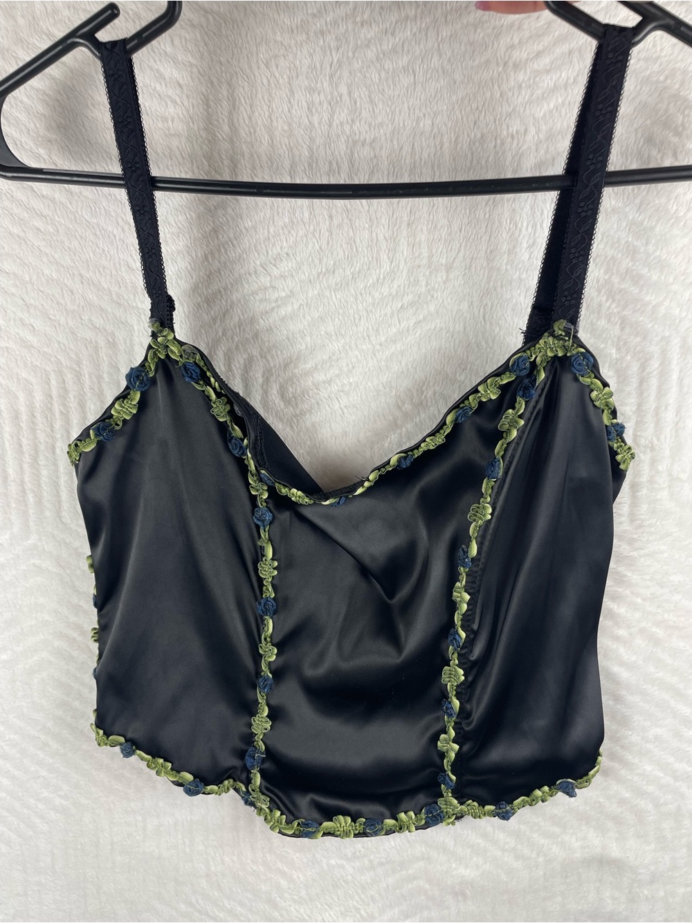 Wildfox Black Satin Cami with Green Trim